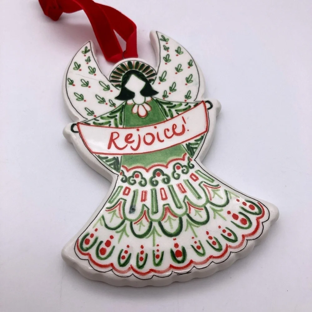 Candice Boatright Red Green Ceramic REJOICE ANGEL Christmas Ornament NWT New